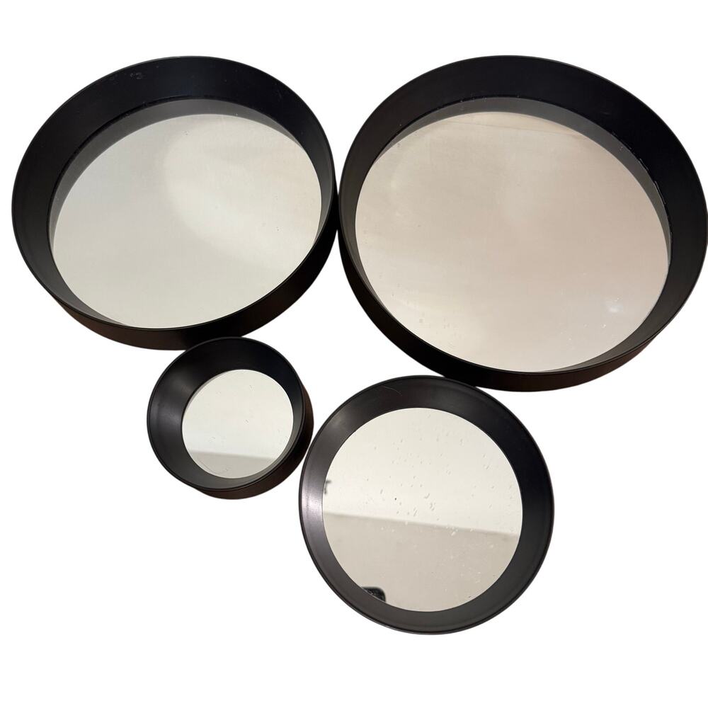 Set of 4 Mirrors Round Tiered Modern Black Framed Wall Hanging 4” to 10”